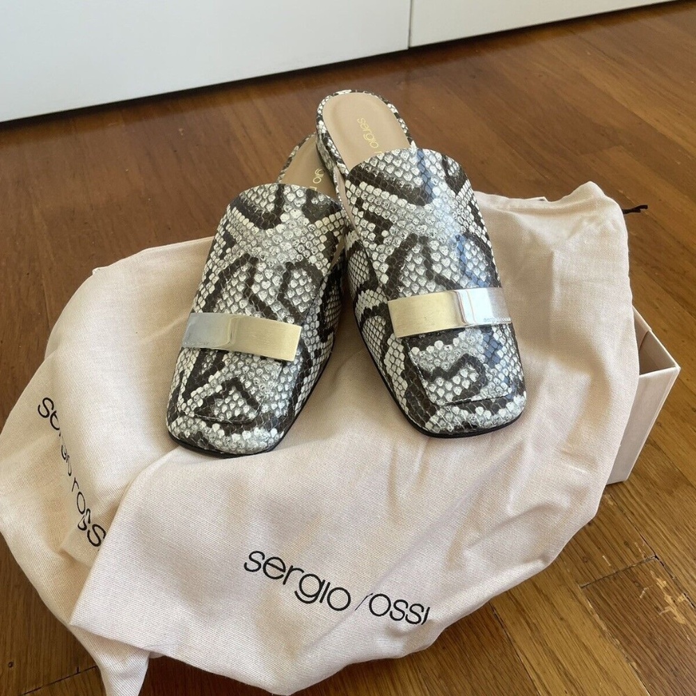 Sergio Rossi Python Print Flat Leather Mules - image 3